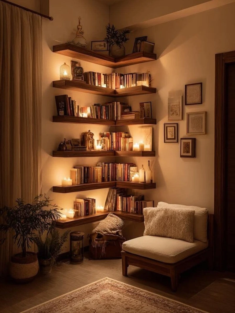 Corner Floating Wood Shelves with Candle Glow and Cream Reading Chair