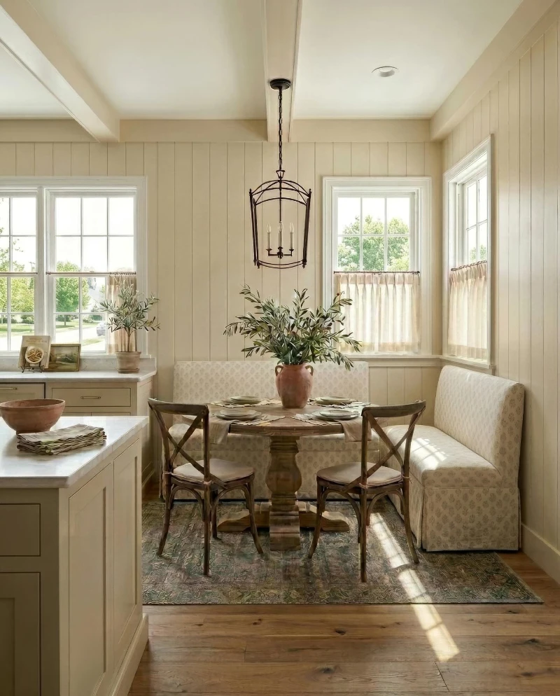 Country Kitchen Banquette with Skirted Table and Sunlit Windows