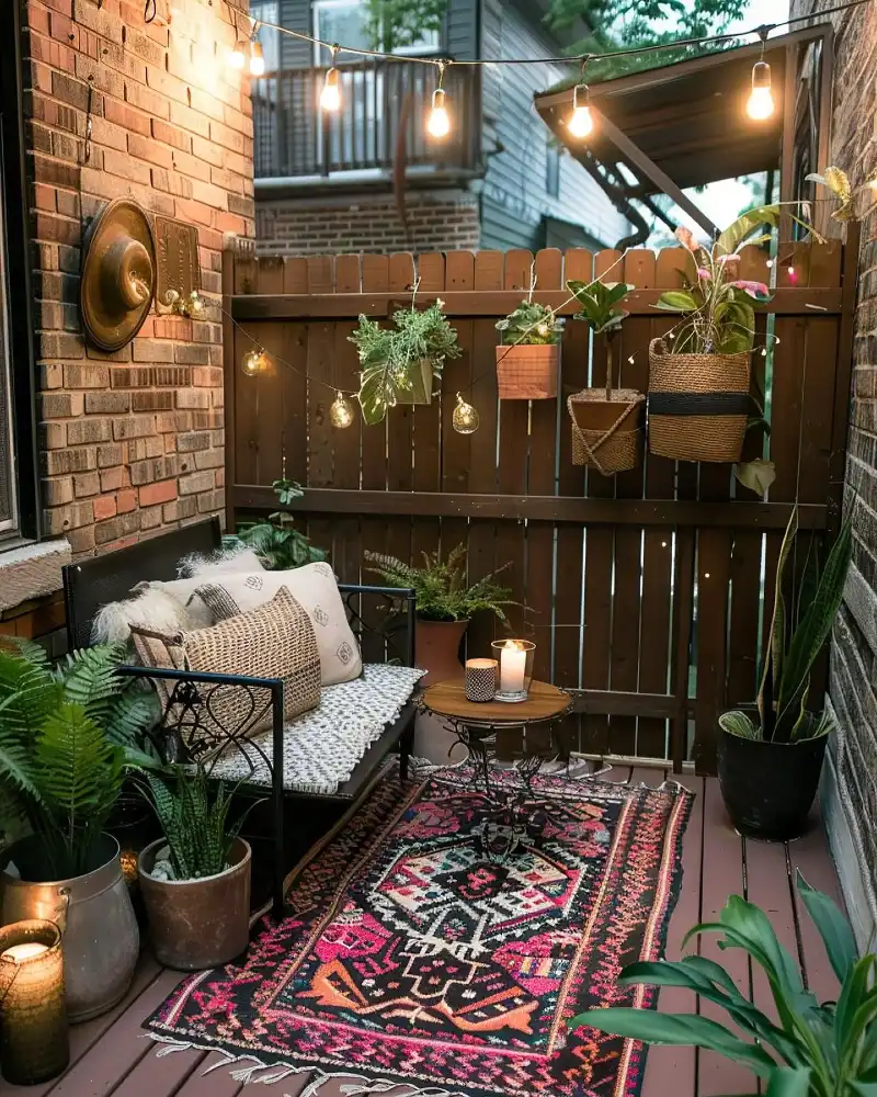 Cozy Balcony Nook with Vintage Rug and Hanging Planters