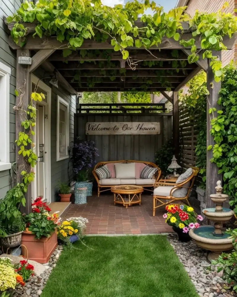 Cozy Covered Brick Patio with Vine-Draped Pergola and Tiered Fountain