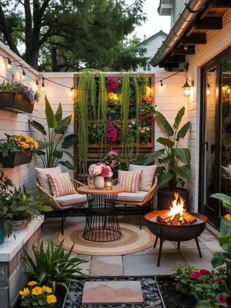 Cozy Fire Pit Lounge with Vertical Garden Wall