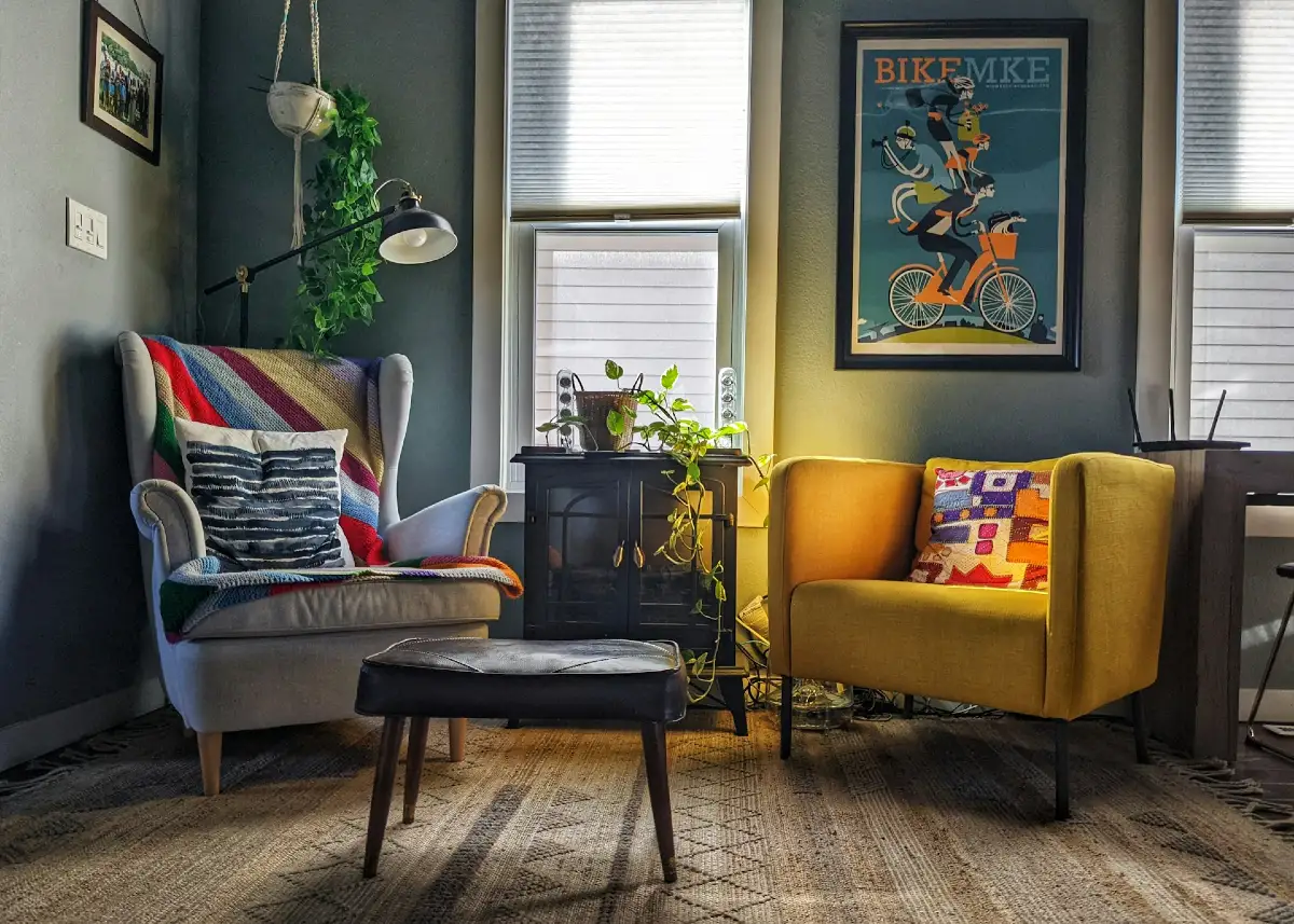 Cozy Reading Corner with Mustard Accent Chair and Hanging Planter