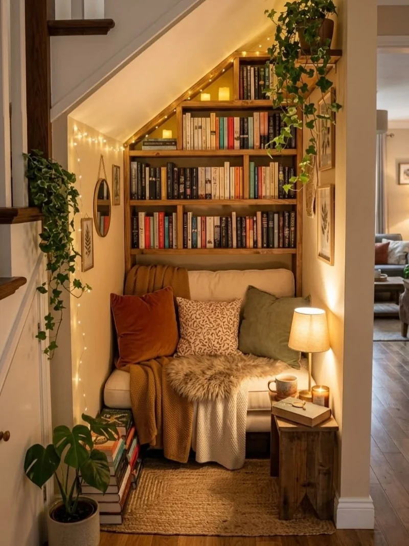 Cozy Reading Nook with Stepped Wooden Bookshelves, String Lights, and Terracotta Accents