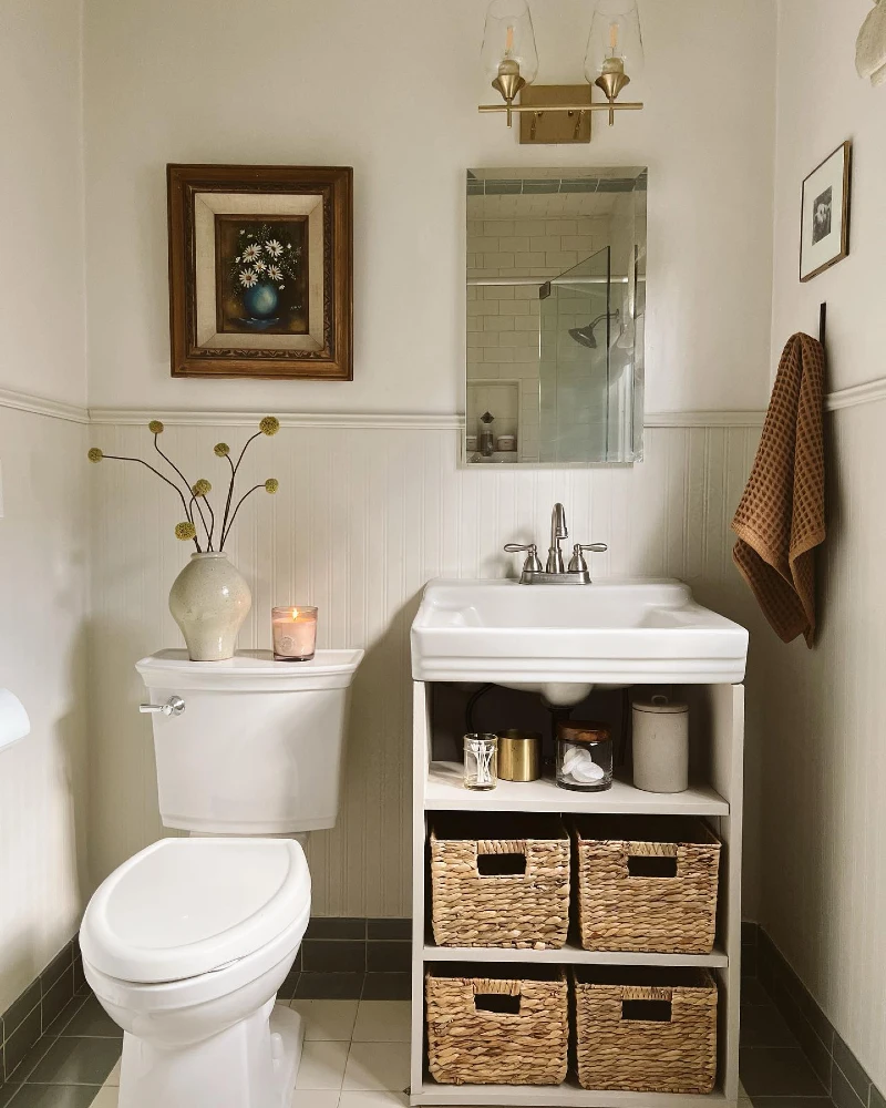 Cream Beadboard Wainscoting with Open Console Vanity and Woven Storage Baskets