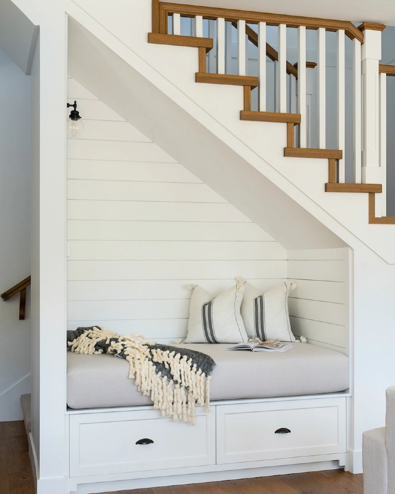 Cream Built-In Daybed with Shiplap Backing and Integrated Storage Drawers