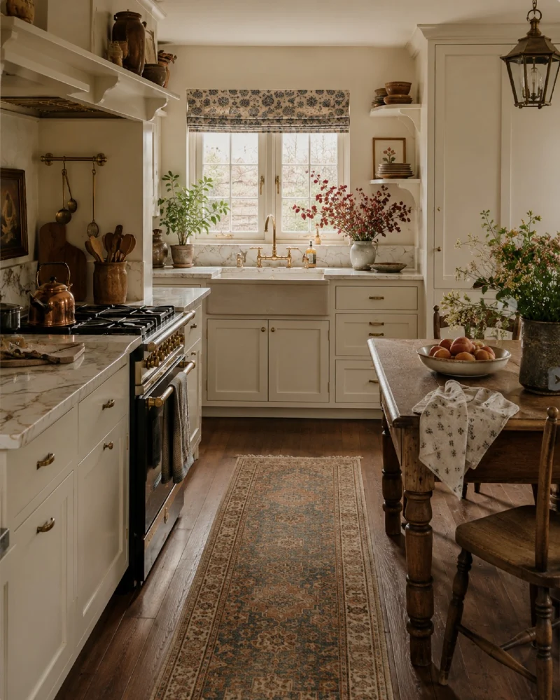 Cream Farmhouse Kitchen with Marble Counters and Blue Runner
