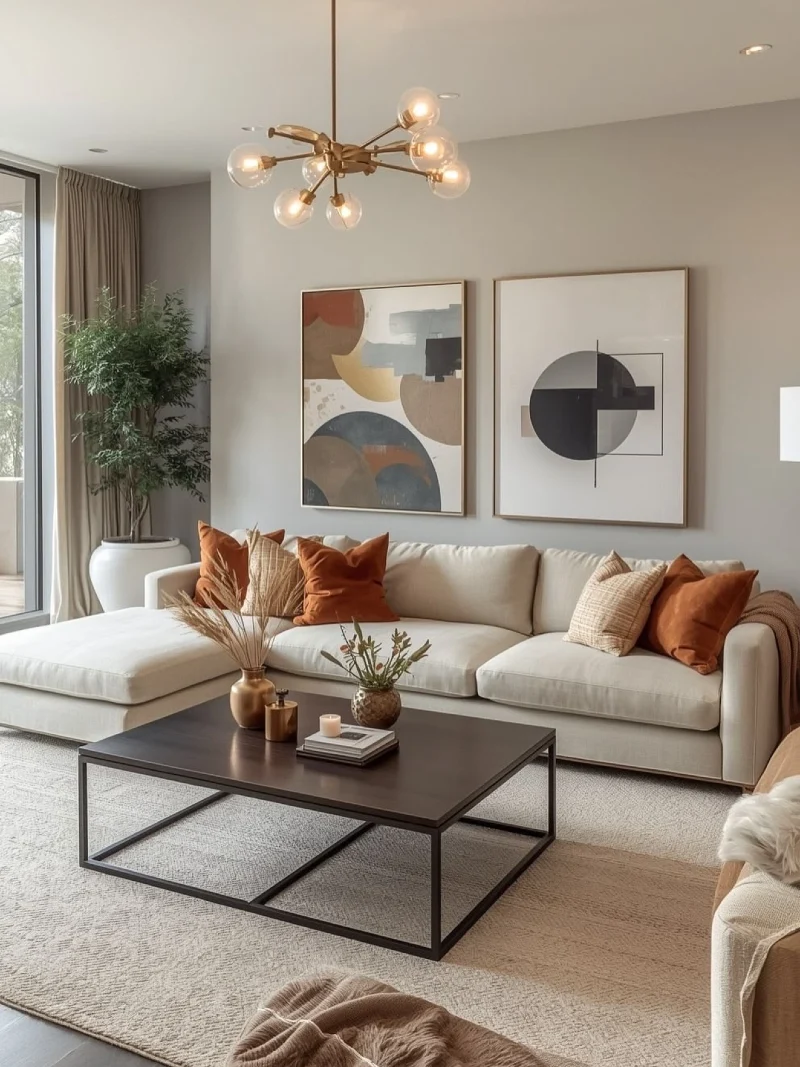 Cream Sectional with Rust Pillows and Brass Globe Chandelier