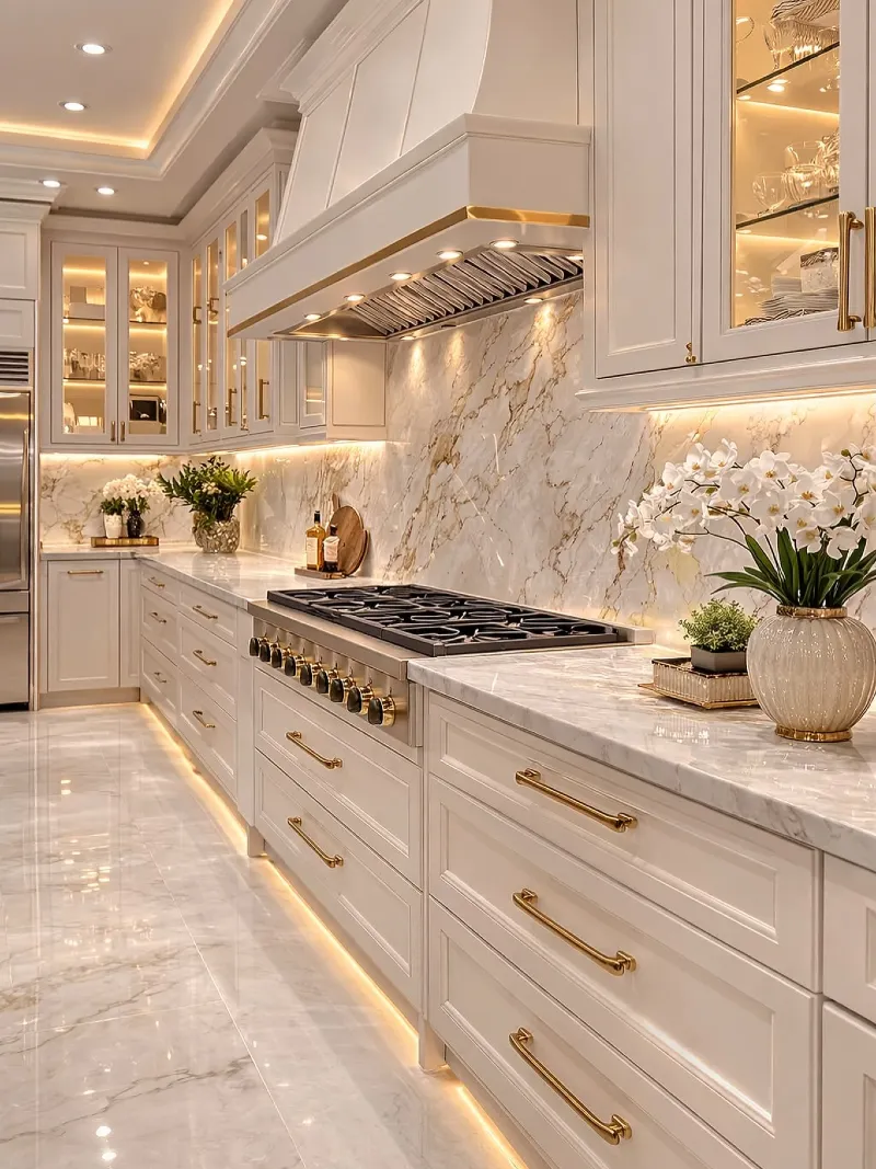 Cream Shaker Cabinetry with Calacatta Gold Marble Backsplash and Illuminated Toe Kicks