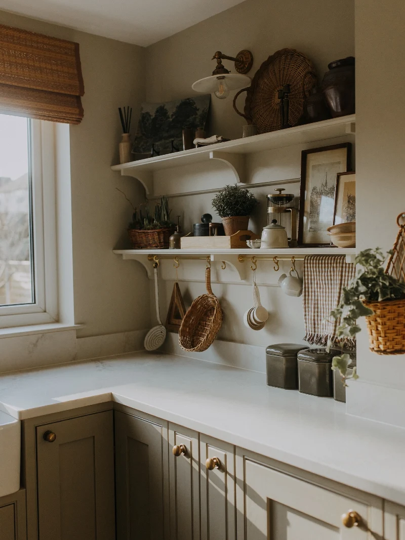 Cream Shelves with Woven Platters, Stoneware Jugs, and an Under-Shelf Brass Rod with S-Hooks