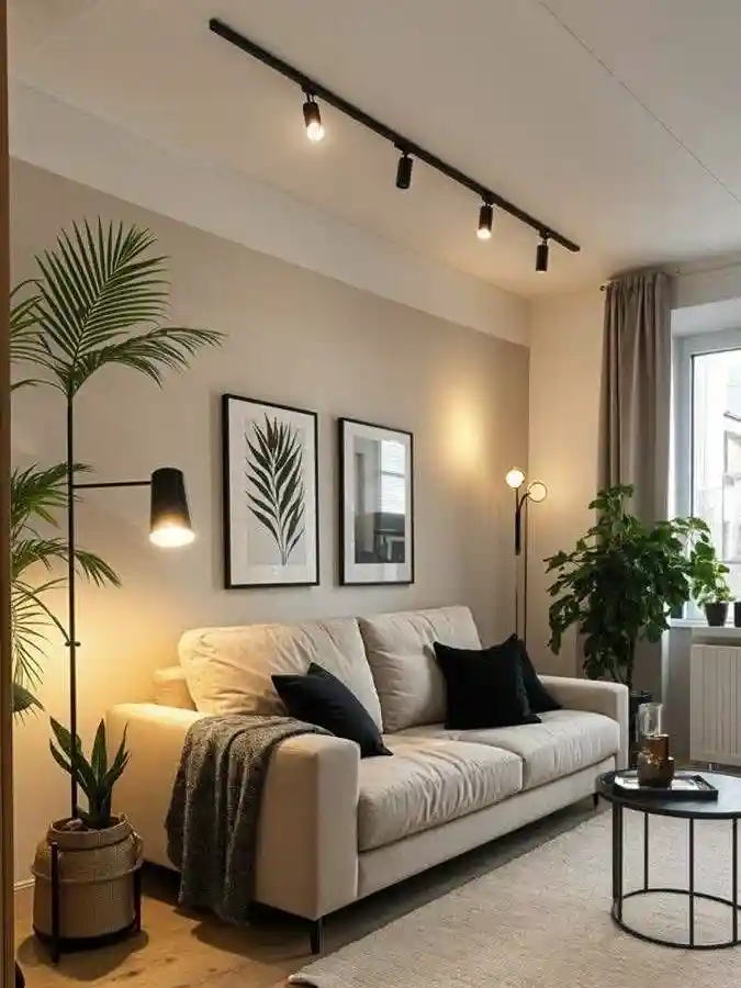 Cream Sofa Seating with Black Modern Accent Lighting