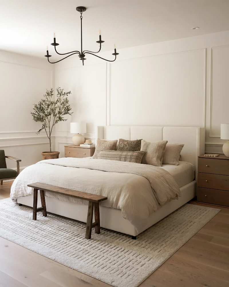 Cream Upholstered Bed with Paneled Walls and Rustic Wooden Bench