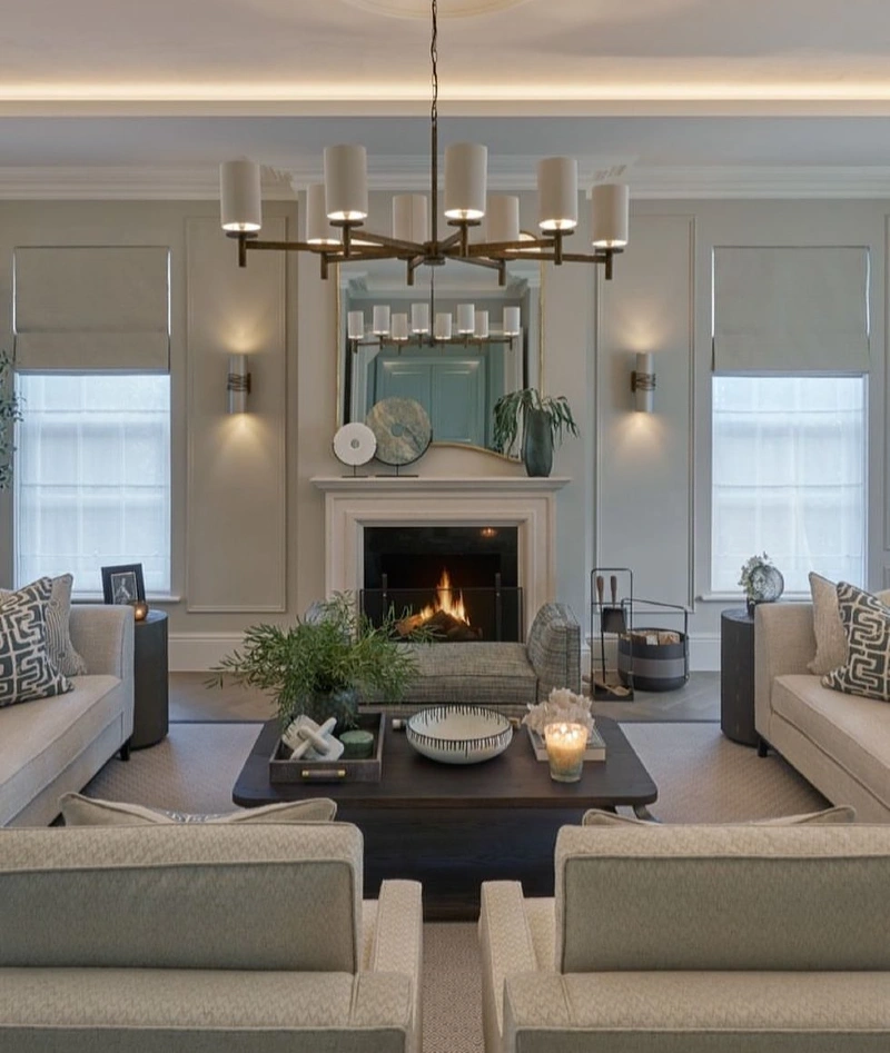 Crystal Drum Chandelier with Soft Beige Old-Money Fireplace Lounge