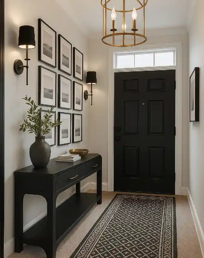 Curved Black Console with Symmetrical Black Wall Sconces
