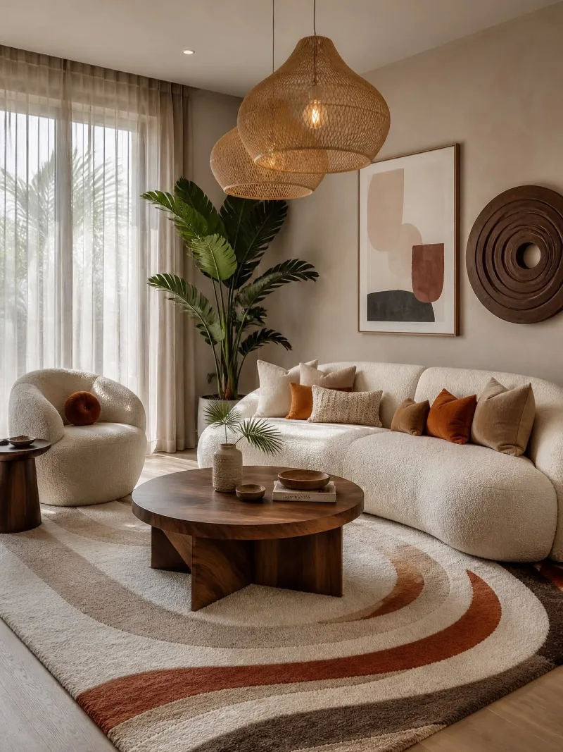 Curved Boucle Sofa with Rattan Pendants and Terracotta Swirl Rug