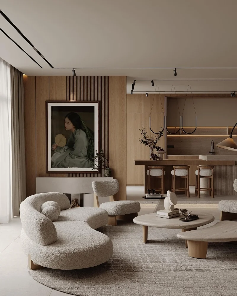 Curved Bouclรฉ Sofa with Slat Wood Paneling and Low-Profile Nesting Tables