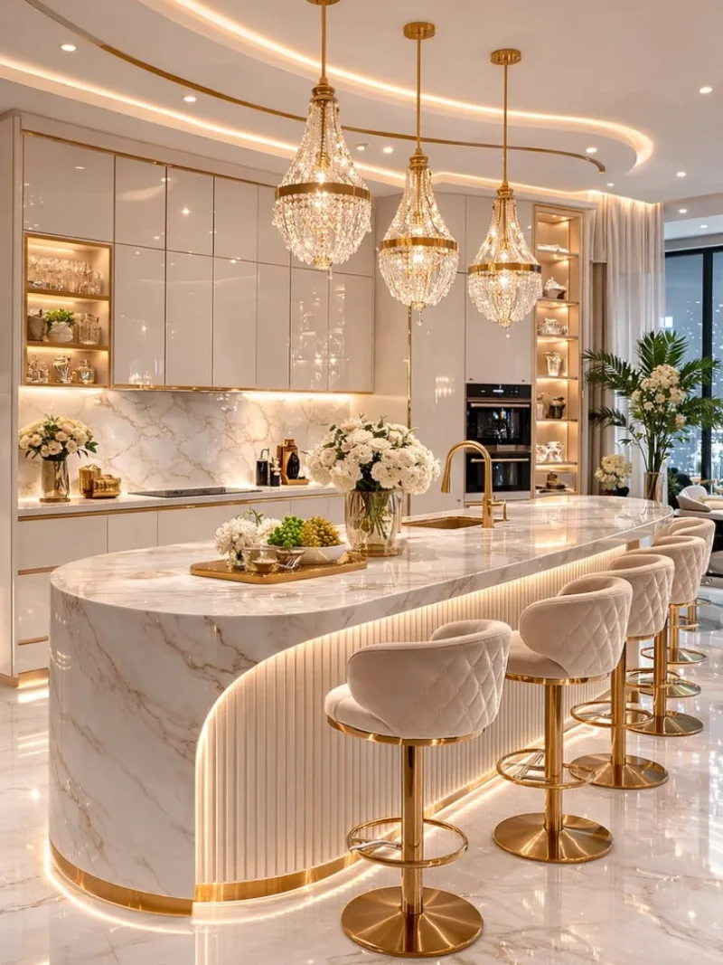 Curved Calacatta Marble Island with Fluted Under-Counter Panels, Quilted Barstools, and Crystal Chandeliers