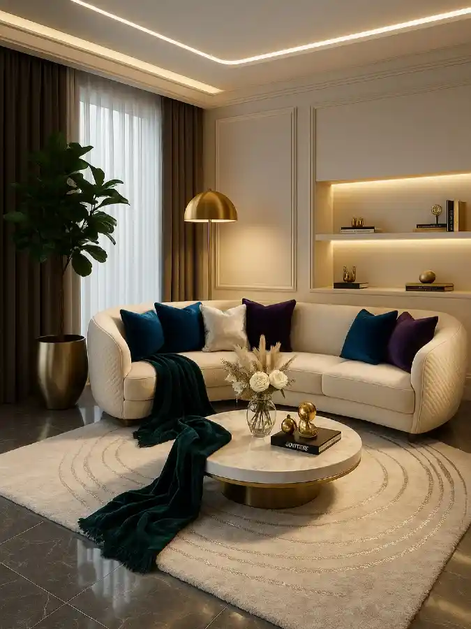 Curved Cream Sectional with Jewel-Toned Pillows and Built-In Shelves