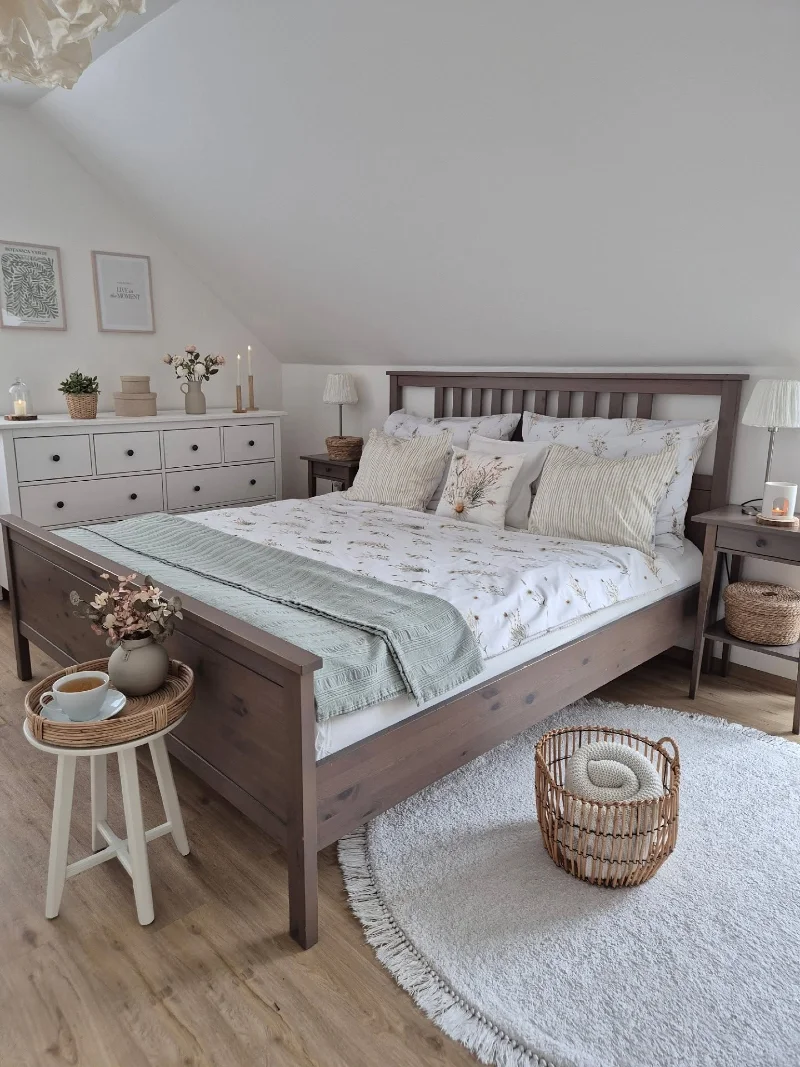 Curved Headboard Bedroom with Sculptural Pendant and Soft Nordic Neutrals