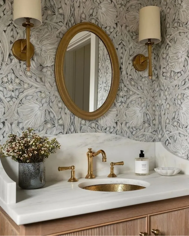 Curved Marble Splashback with Hammered Brass Sink and William Morris Botanical Wallpaper