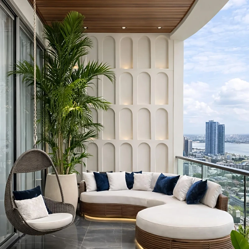 Curved Modular Sofa Balcony with Arched Wall Lighting and Vertical Green Accent Garden