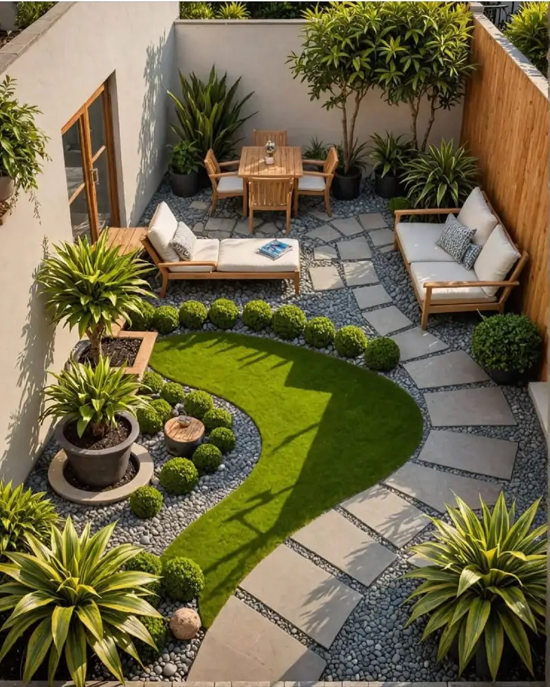 Curving Grass Path with Grey Pebbles and Wood Furniture