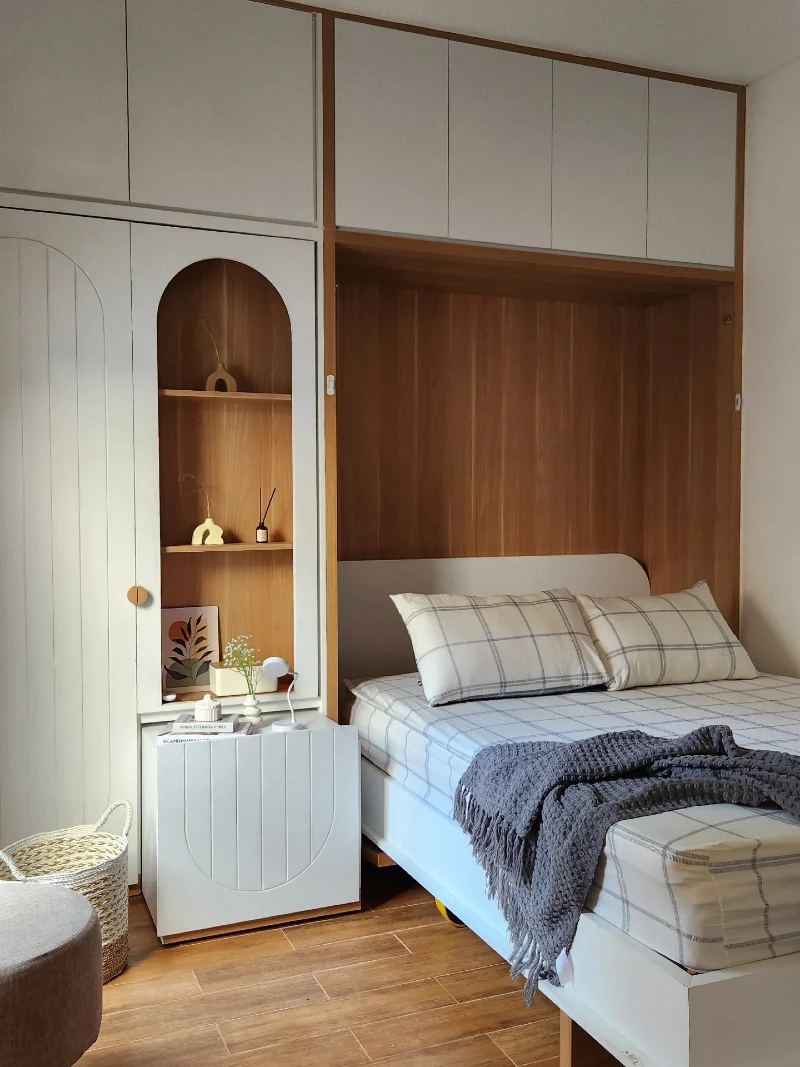 Custom White Arched Millwork with Warm Wood Recess and Waffle Texture Throw