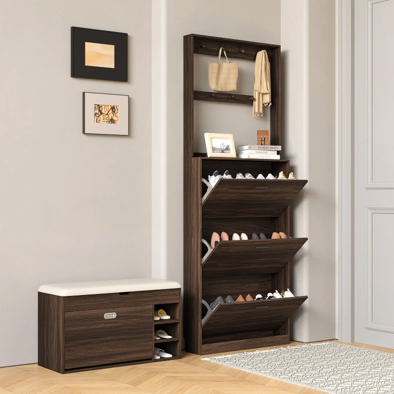 Dark Espresso Tilt-Out Cabinet Tower and Matching Cushioned Storage Bench
