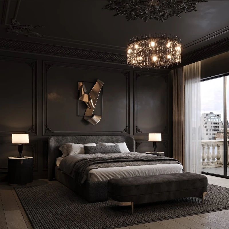 Dark Luxury Panel Bedroom with Crystal Chandelier and Sculptural Metal Wall Art
