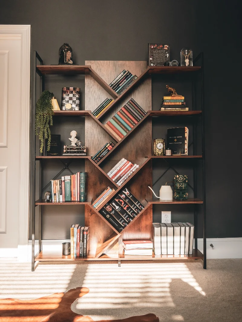 Dark Wall Bookcase with Diagonal Wood Shelves and Sunlit Carpet Shadows