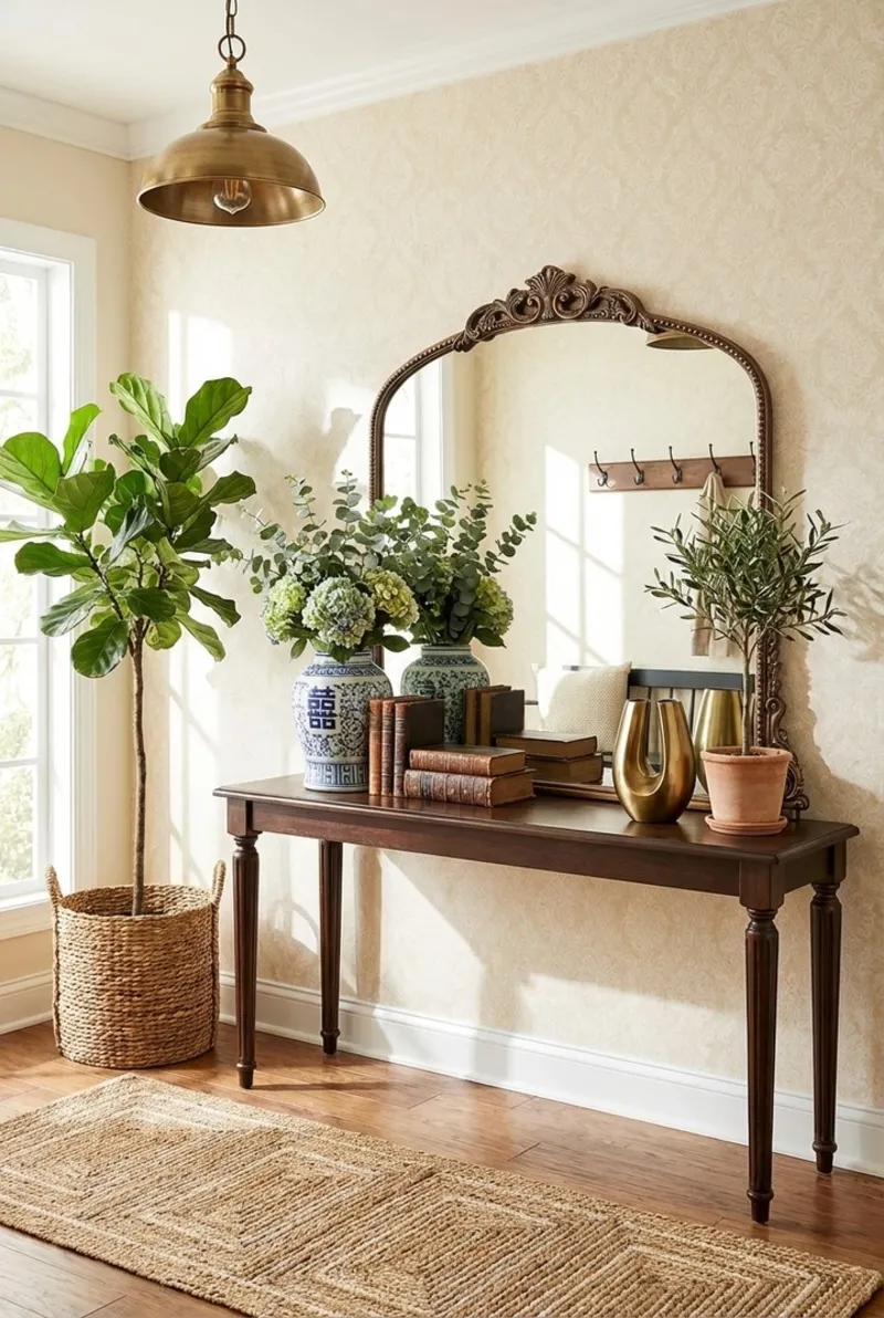 Dark Wood Console with Ornate Mirror, Blue Ginger Jars, and Brass Accents