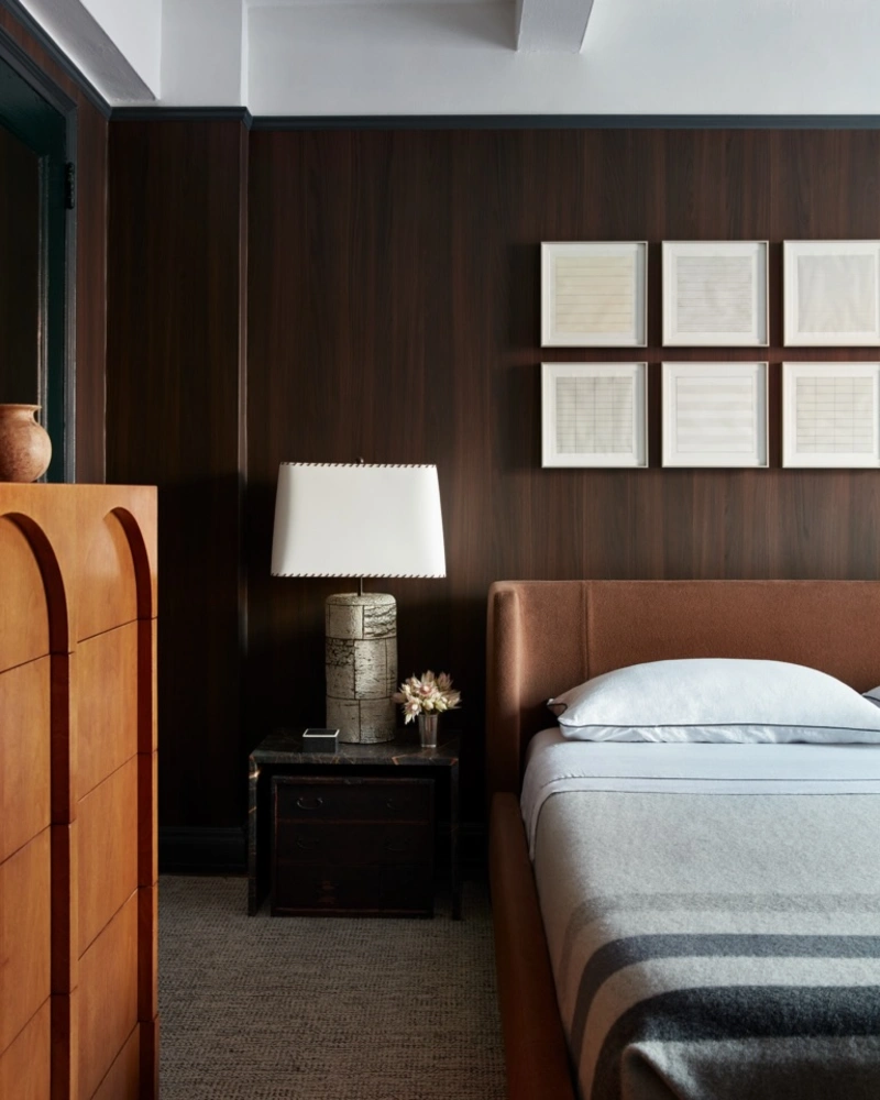 Dark Wood Paneled Bed Niche with Arched Storage Dresser