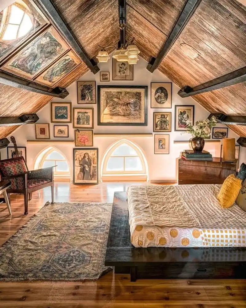 Dark Wooden Ceiling Panels with Asymmetric Gallery Wall and Gothic Arched Windows