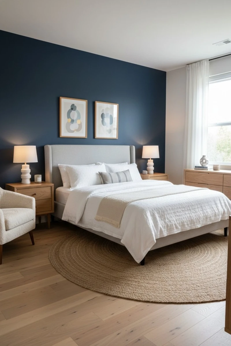 Deep Blue Feature Wall with Cream Wingback Bed and Round Jute Rug