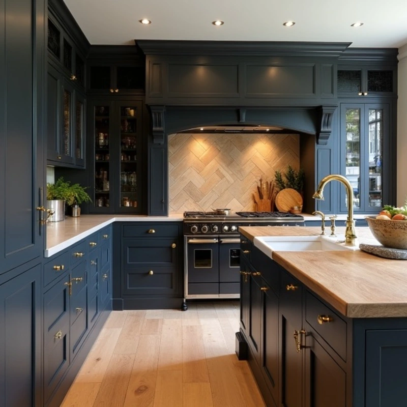 Deep Charcoal Inset Cabinetry With Herringbone Timber Backsplash and Brass Gooseneck Faucet