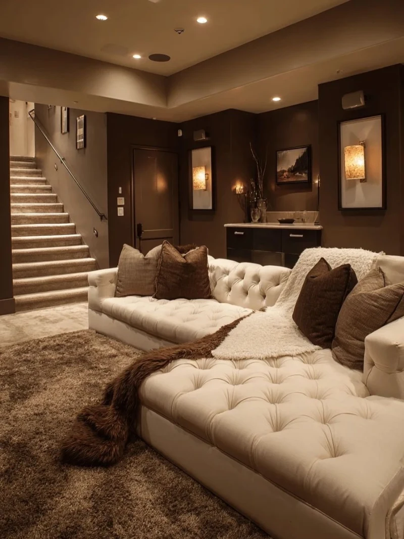 Deep Chocolate Brown Walls with Cream Tufted Velvet Sectional and Faux Fur Throw Blanket
