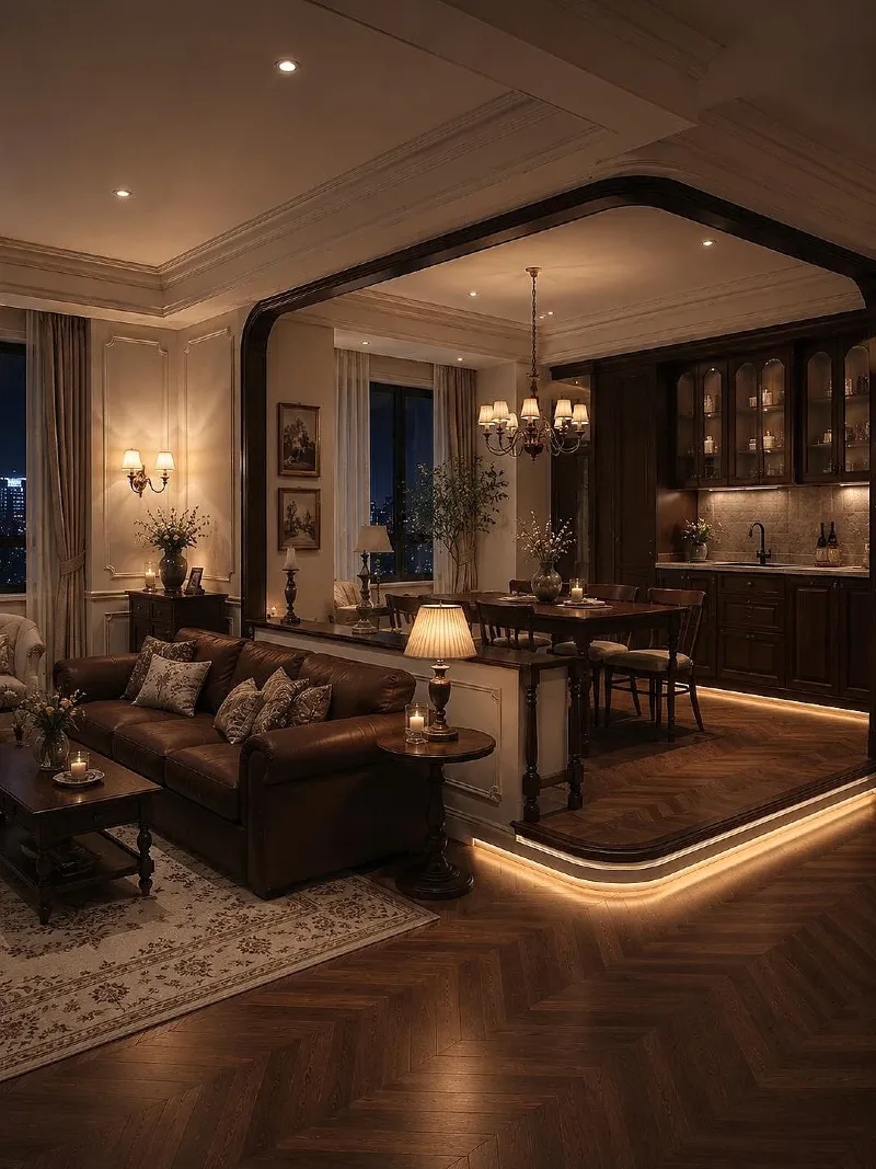 Deep Espresso Raised Dining Platform with Chevron Wood Floors and Tufted Leather Sofa