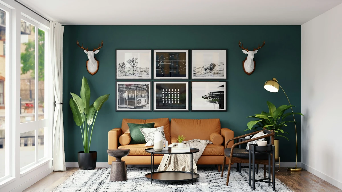Deep Green Accent Wall with Symmetrical Gallery Frames