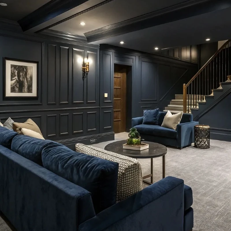 Deep Navy Blue Wainscoting with Royal Blue Velvet Sofas and Classic Brass Wall Sconces