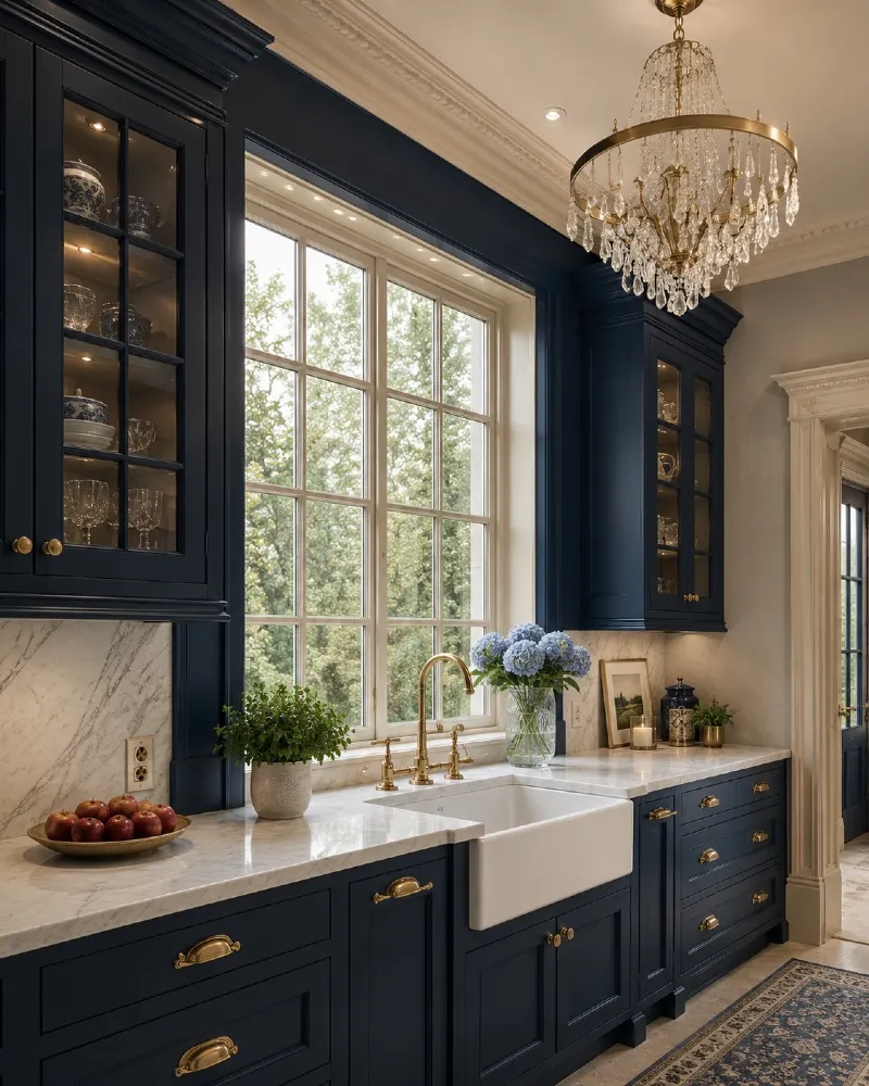 Deep Navy Shaker Cabinets With Crystal Chandelier and Marble Perimeter Countertops