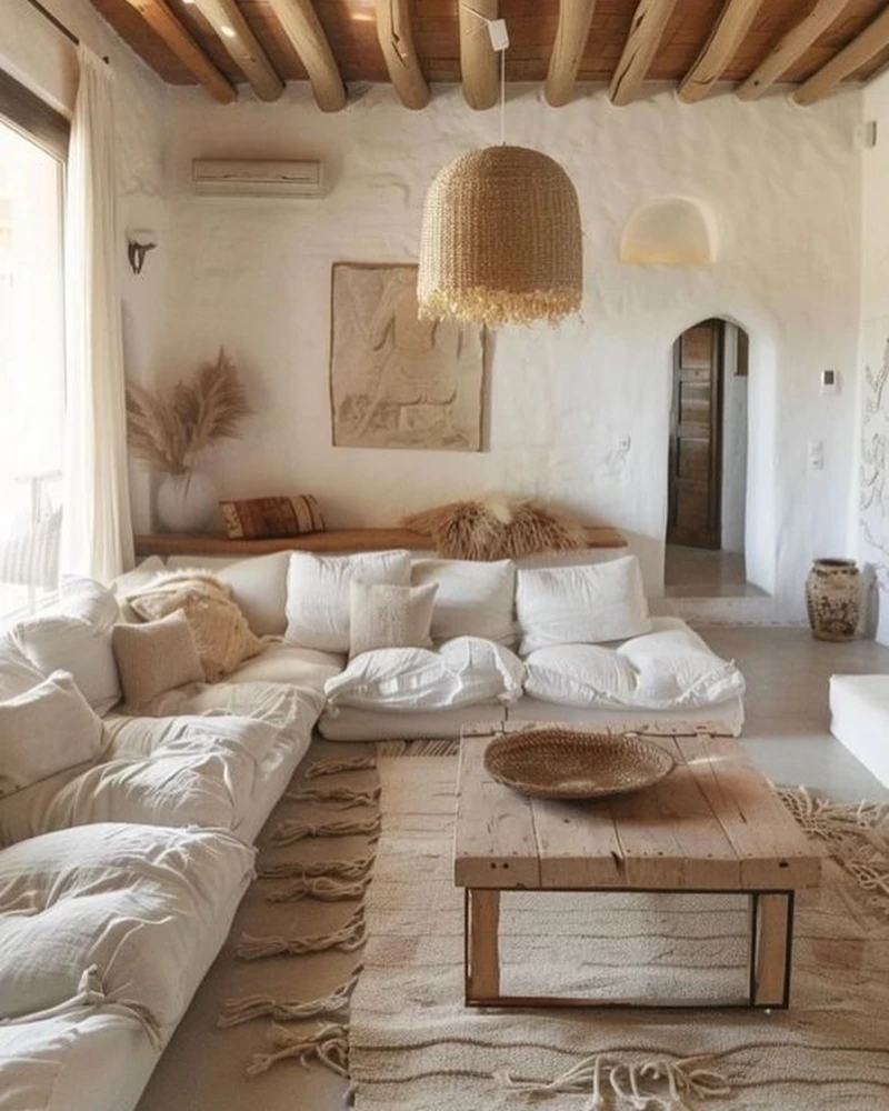 Deep Plaster Alcove with Fringed Straw Pendant and Large White Sectional Sofa