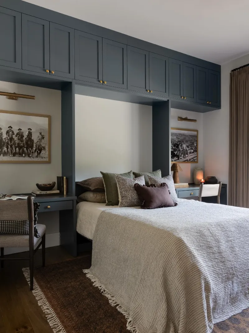 Deep Slate Blue Shaker Cabinets with Built-In Dual Desks and Fringe Area Rug