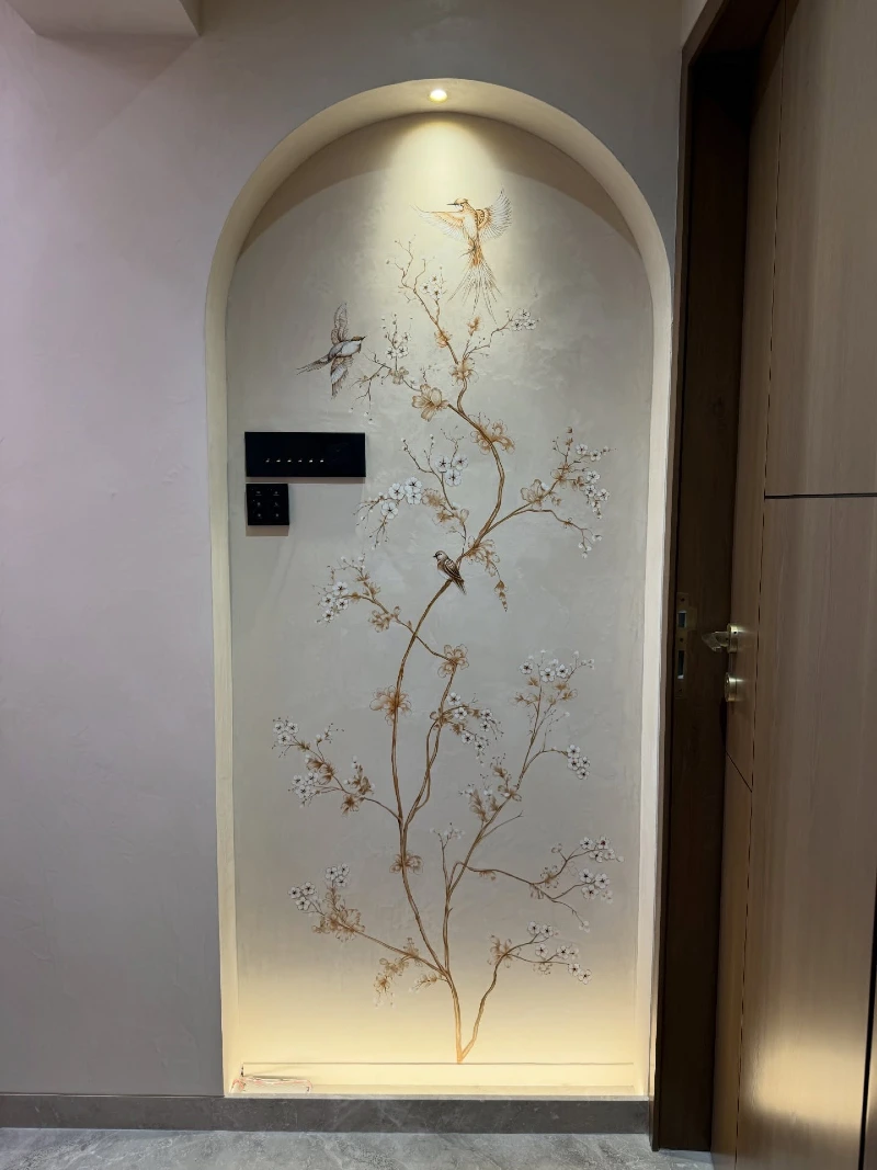 Delicate Chinoiserie Blossom Branch Mural in Backlit Arched Alcove