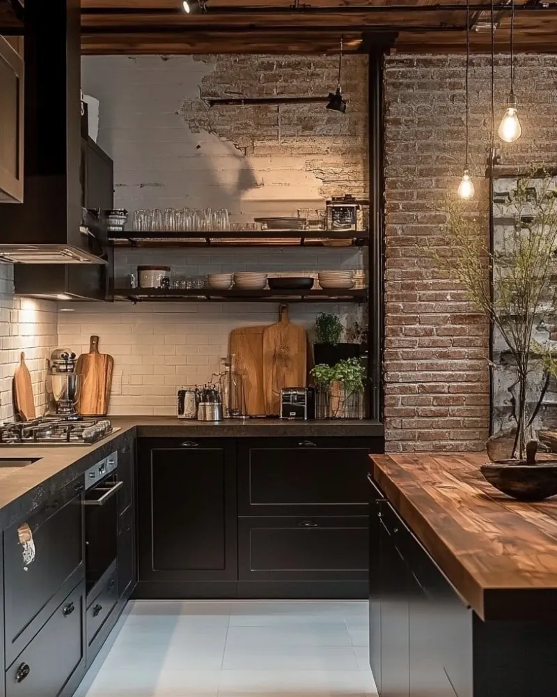 Distressed Industrial Brick Walls With Matte Black Cabinets and Bare Filament Bulbs
