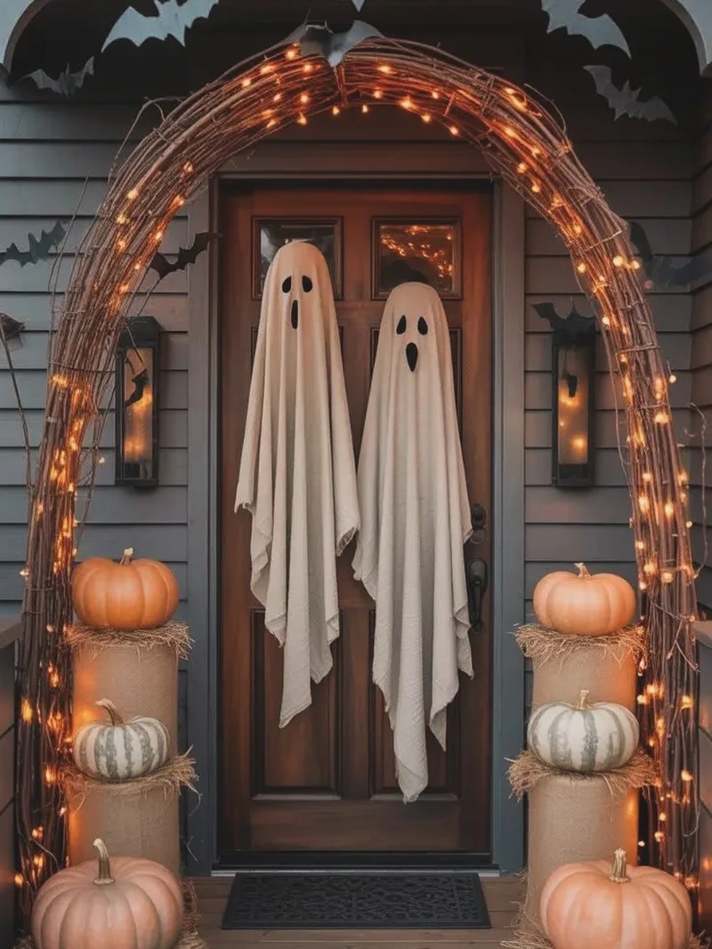 Draped Ghost Figures and Lighted Twig Arch Entryway