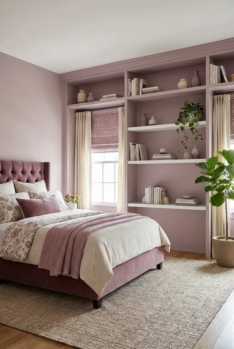 Dusty Mauve Built-In Bookshelves with Tufted Velvet Bed and Woven Rug