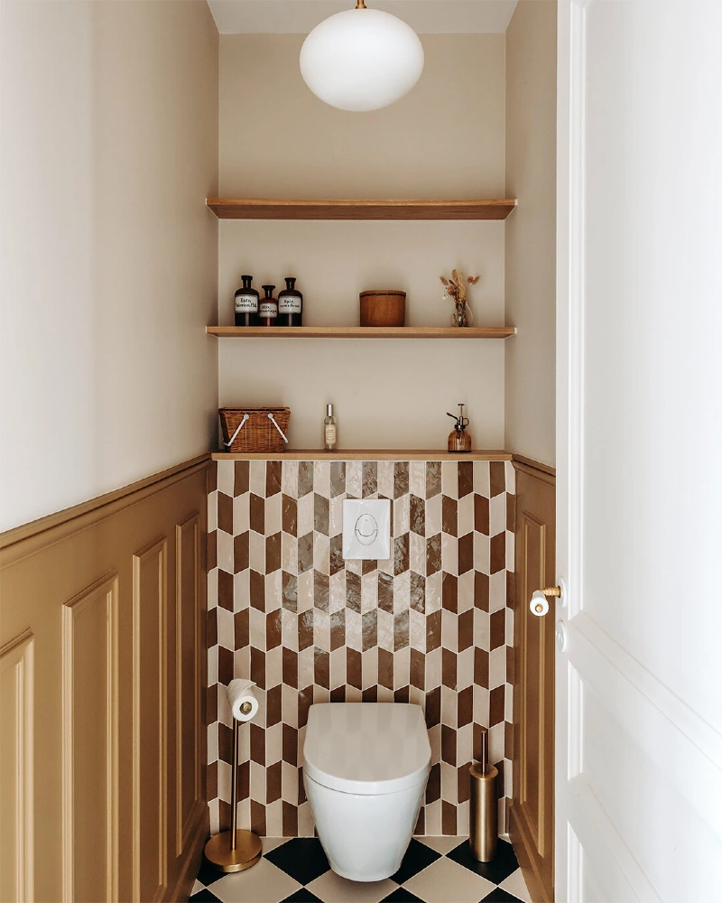 Earthy Chevron Backsplash with Ochre Wainscoting and Floating Oak Shelves