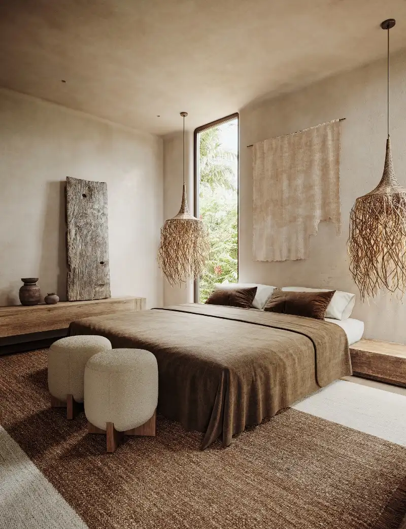 Earthy Plaster Bedroom with Fringed Woven Pendants and Frayed Textile Hanging
