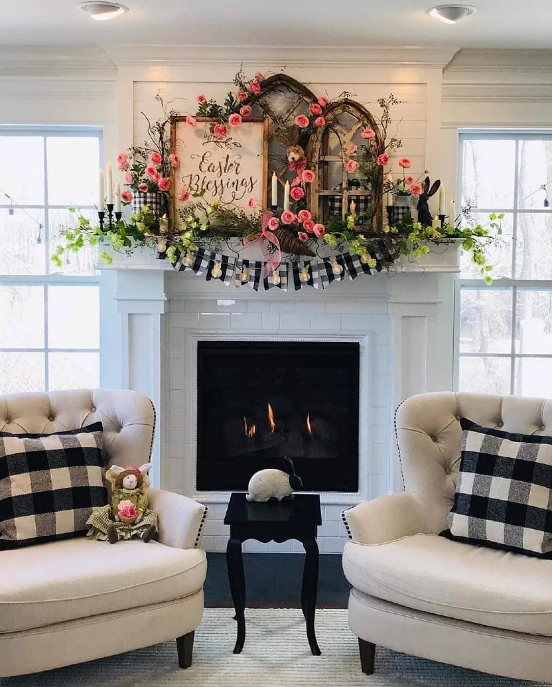 Easter Mantel with Pink Rose Garland, Vintage Window Frames, and Buffalo Check Bunting