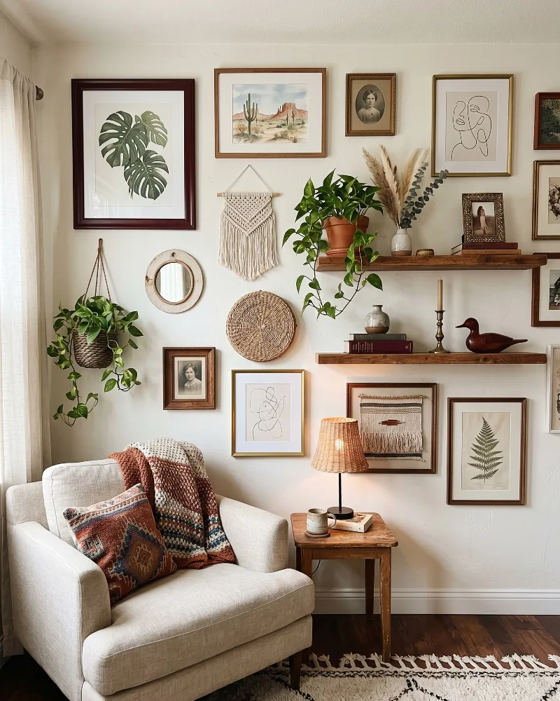Eclectic Stairwell Gallery Wall with Bold Color Pops and Mixed Frames