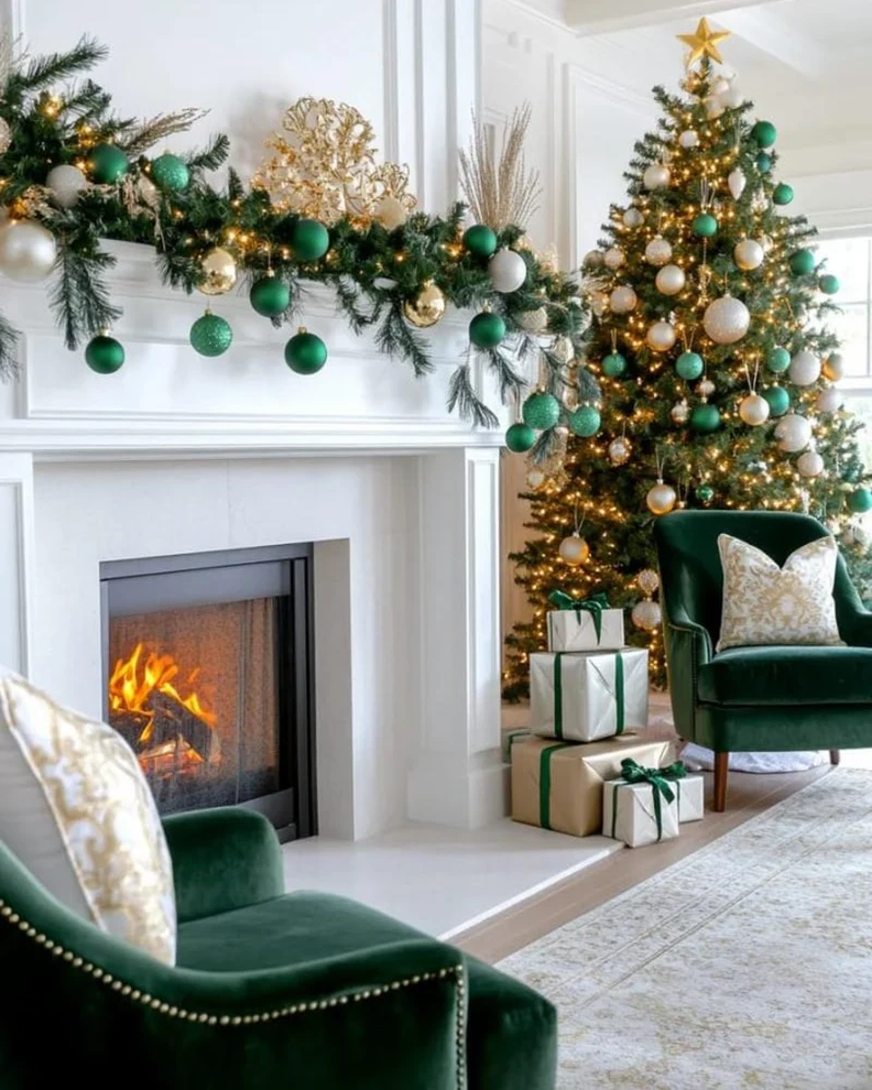 Emerald Christmas Mantel with Evergreen Garland, Gold Ornaments, and Velvet Chairs